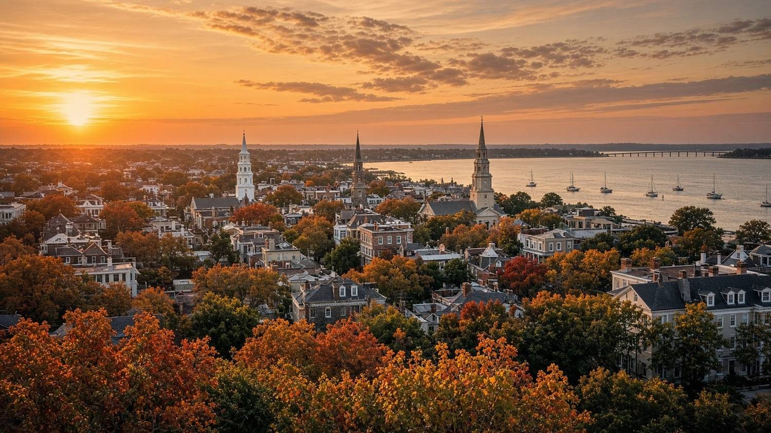 Charleston skyline and steeples at sunset, viewed across the harbor