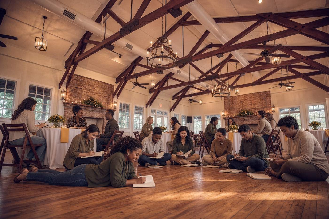 Participants writing during a protected studio session